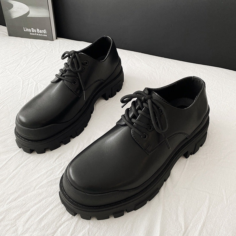 Men's Casual Thick-soled All-match Black Leather Shoes Work Shoes Height-increasing Derby Shoes Couple Shoes