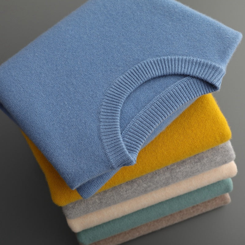 Autumn and winter round neck wool sweater men's 100% pure wool thick pullover sweater loose casual solid color knitted bottoming shirt