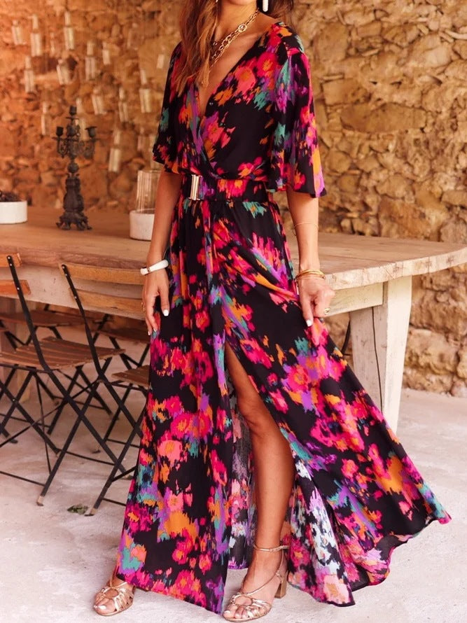 2025 spring and summer new European and American cross-border printed short-sleeved dress slim waist commuting mid-length temperament