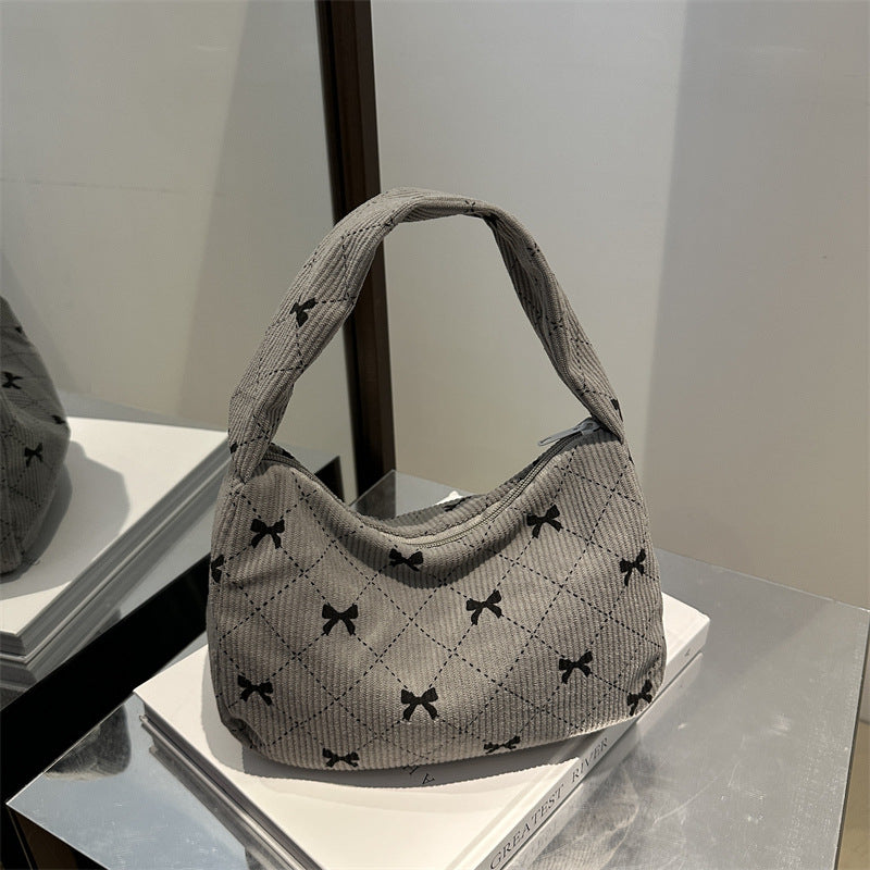 Corduroy fashion handbag cloth bag women's bag new autumn underarm bag bow print simple fashion shoulder bag