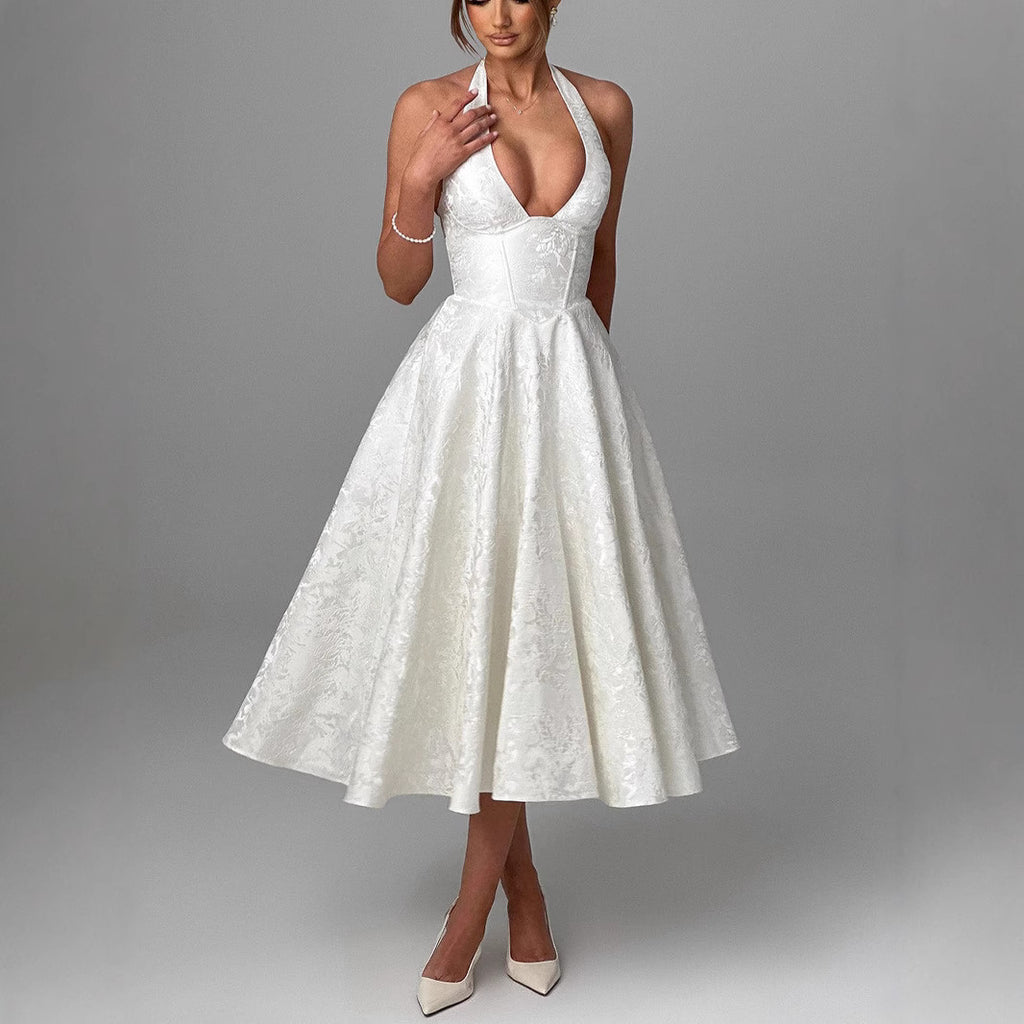 European and American cross-border V-neck halter neck jacquard dress high-end evening dress spring and summer temperament sleeveless backless waist long dress