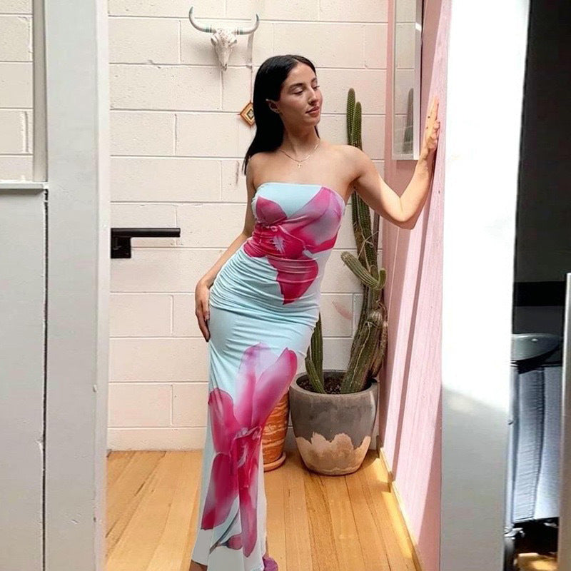 European and American foreign trade 2025 new women's fashion temperament sexy tube top slim long side slit holiday dress