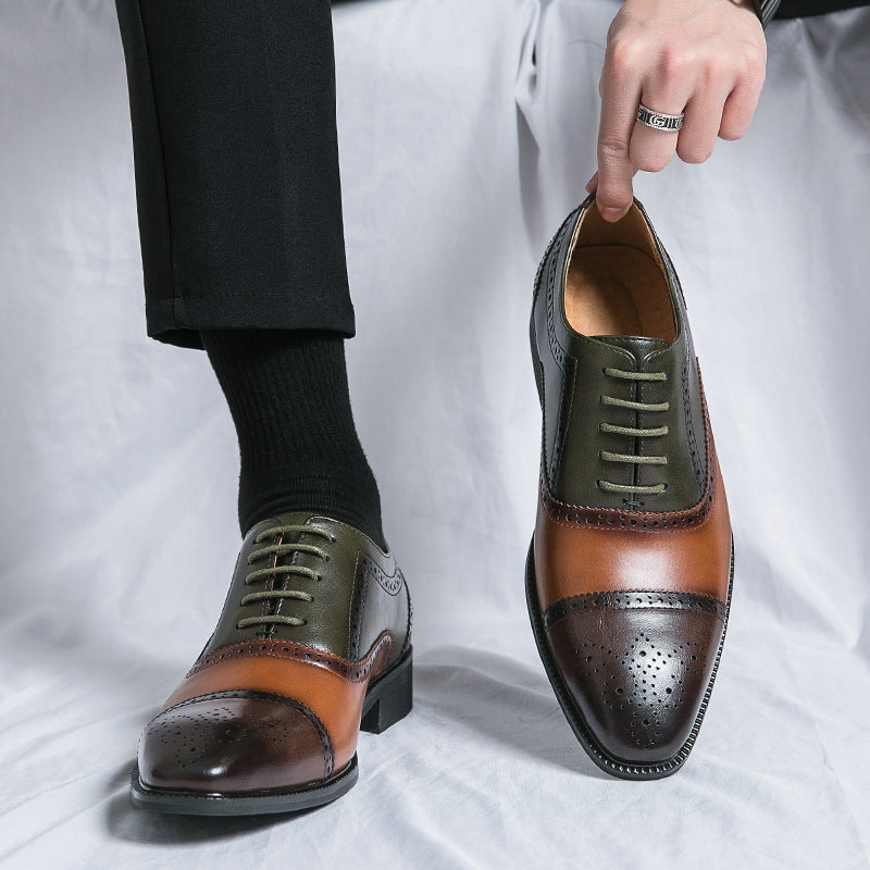 European and American British style brogues men's business genuine leather color matching carved Oxford shoes men's wedding pointed toe groom shoes