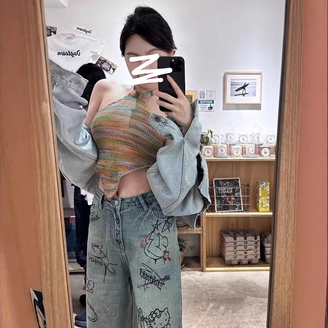 Large size retro graffiti print jeans for women spring design high waist slim straight hot diamond wide leg pants trendy