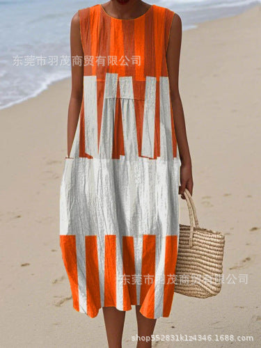 2025 European and American spring and summer new sleeveless casual printed temperament long skirt dress slim small fresh casual skirt
