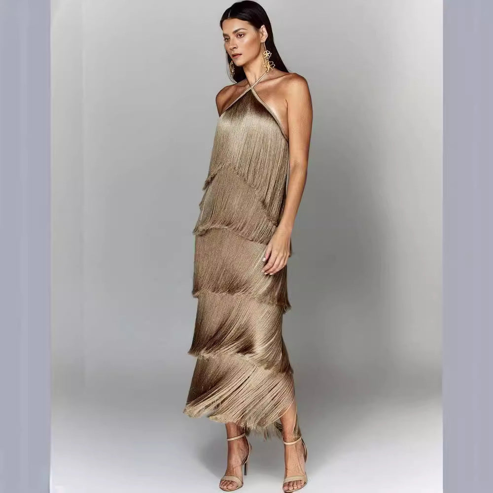2025 European and American cross-border fashion halter neck tassel backless slit dress