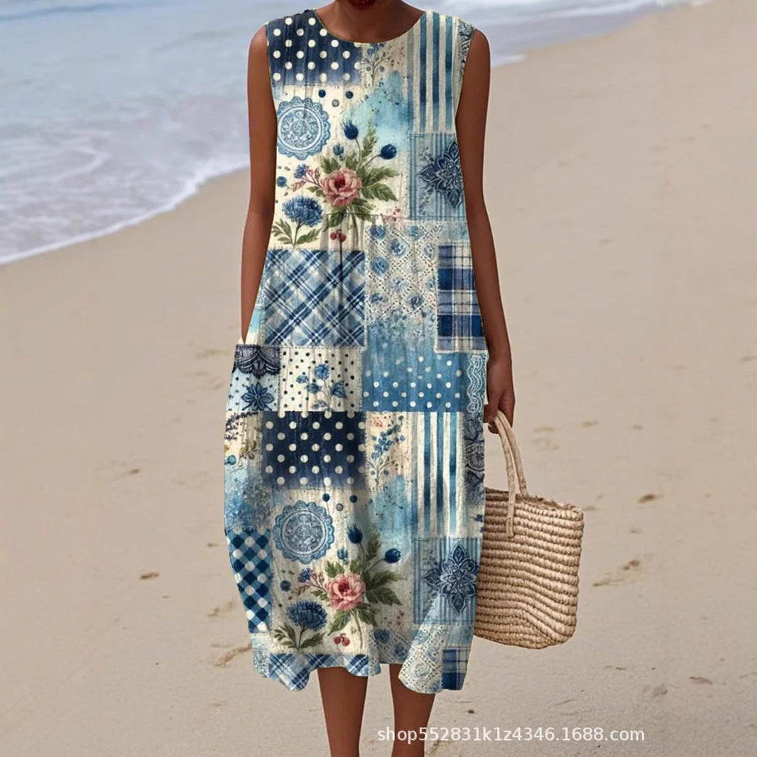 2025 European and American spring and summer new sleeveless casual printed temperament long dress slim small fresh casual dress