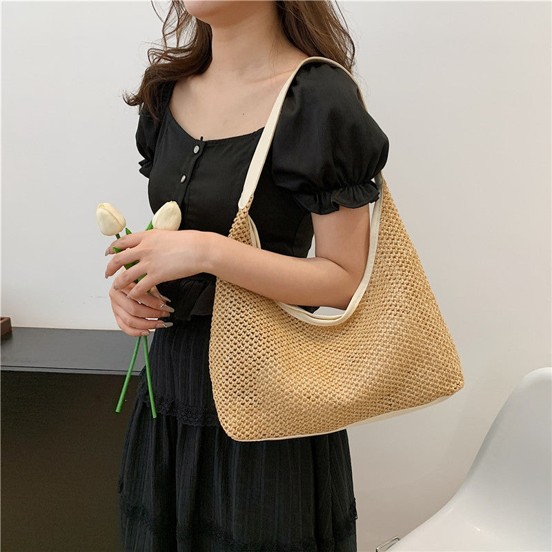 Korean ins retro woven tote bag straw bag large capacity underarm bag shoulder bag holiday style beach bag female