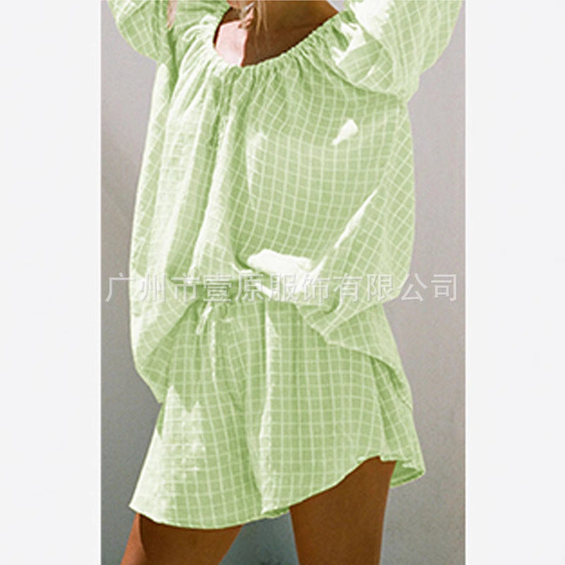Cross-border European and American 2025 summer new round neck long-sleeved shirt shorts two-piece plaid shirt suit