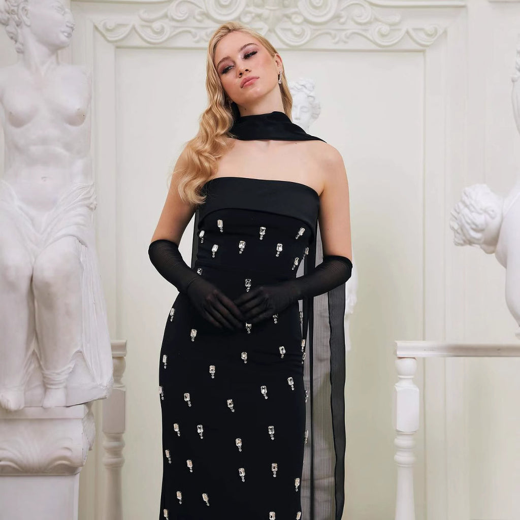 Cross-border independent station gorgeous boutique heavy knit dress tube top halter neck custom diamond bandage evening gown