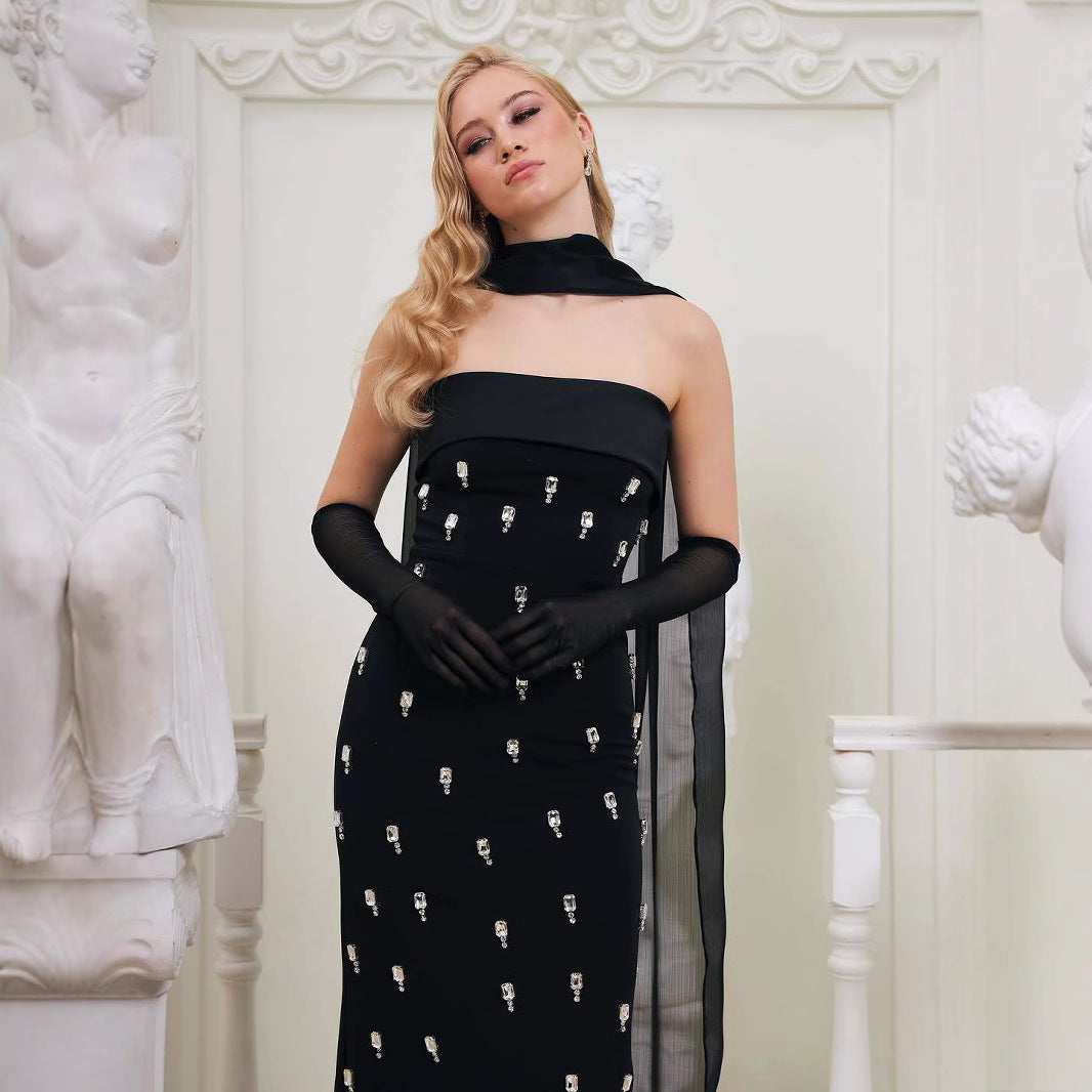 Cross-border independent station gorgeous boutique heavy knit dress tube top halter neck custom diamond bandage evening gown