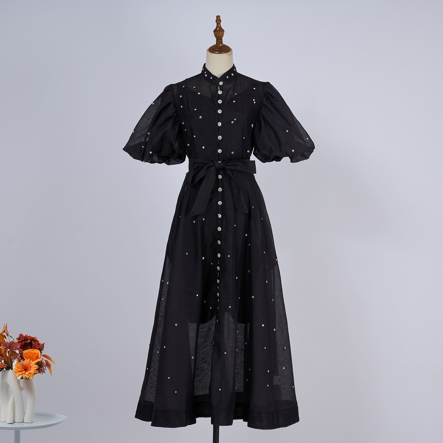 European and American cross-border summer palace style high-end design heavy-duty rhinestone short-sleeved single-breasted dress with suspenders