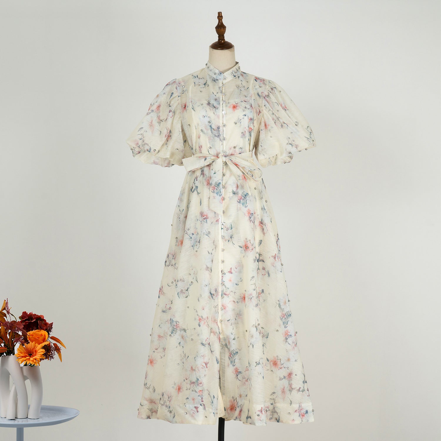 European and American cross-border summer palace style high-end design heavy-duty rhinestone short-sleeved single-breasted dress with suspenders