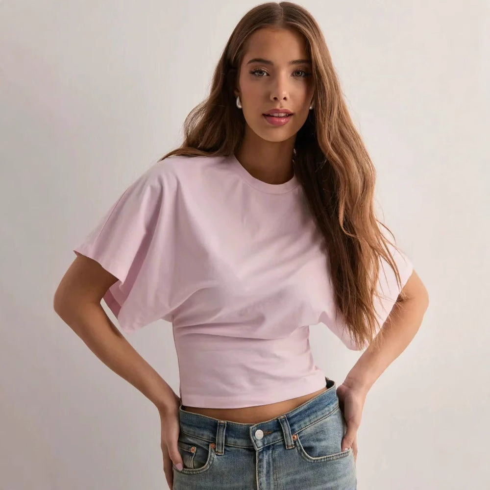 2025 Korean style round neck pullover short-sleeved T-shirt for women summer new simple and versatile solid color loose top