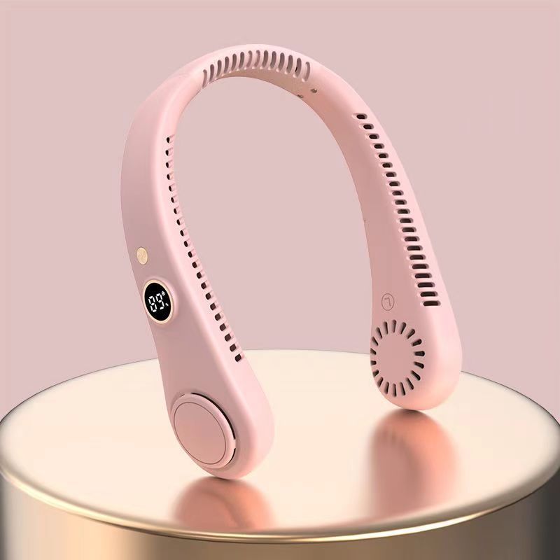 Cross-border new leafless neck hanging fan USB charging portable lazy number display sports folding mini electric fan
