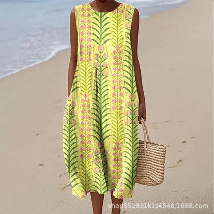2025 European and American spring and summer new sleeveless casual printed temperament long dress slim small fresh casual dress