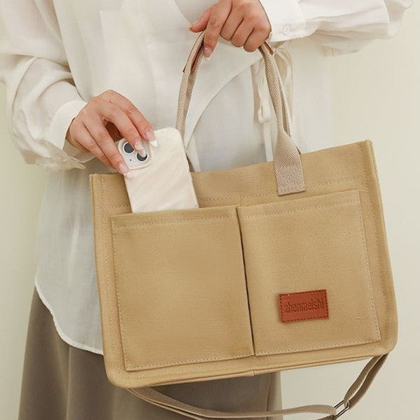 Cross-border canvas bag women's large capacity multi-pocket ladies bag trendy crossbody bag wide shoulder strap handheld tote bag