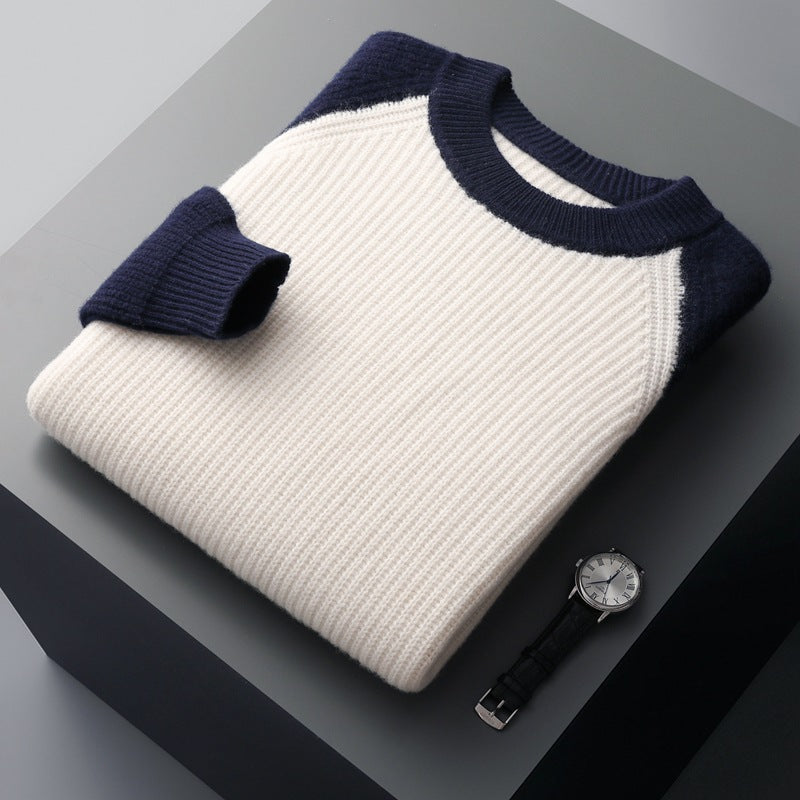 Autumn and winter new wool sweater men's color matching round neck Yuanbao needle thickened youth fashion casual knitted wool bottom