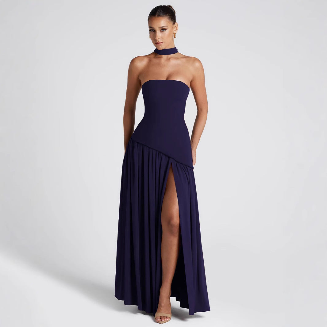 2025 new cross-border European and American sexy oblique stitching tube top dress dress women's long skirt pleated tube top