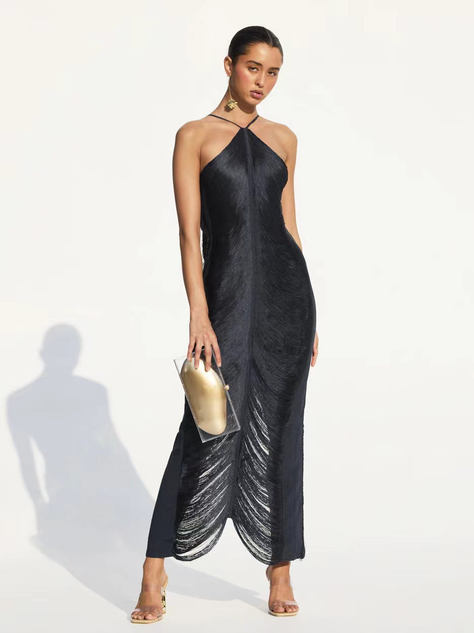 2025 European and American foreign trade cross-border supply fashion tassel back slit halter neck dress light luxury slim fit