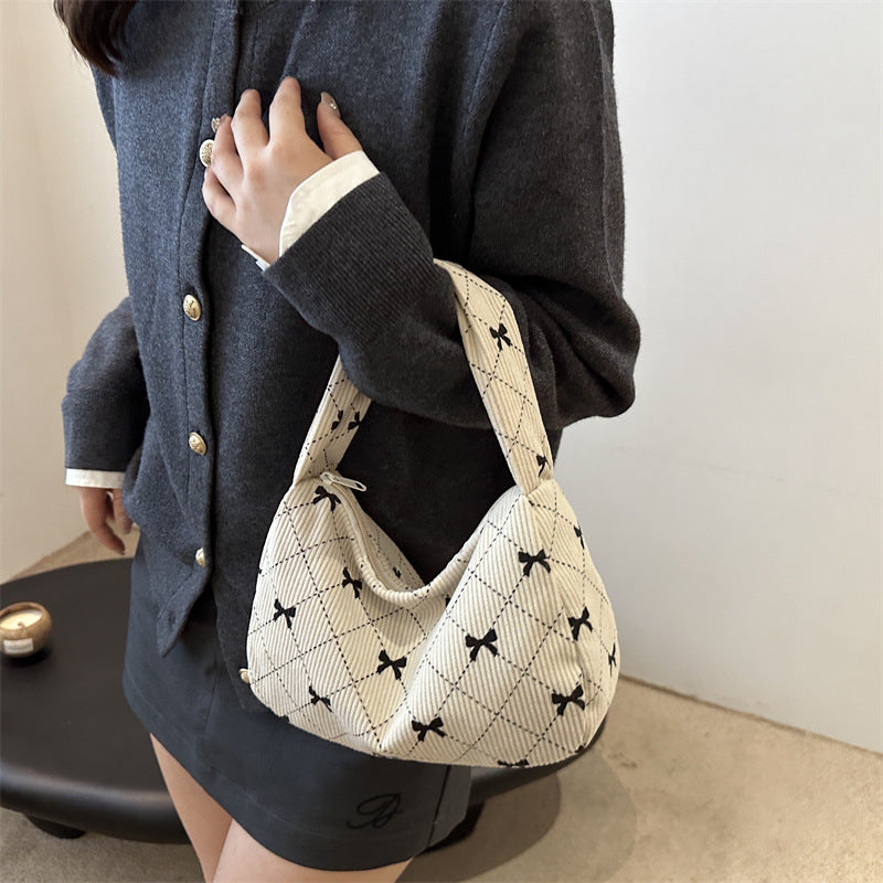 Corduroy fashion handbag cloth bag women's bag new autumn underarm bag bow print simple fashion shoulder bag