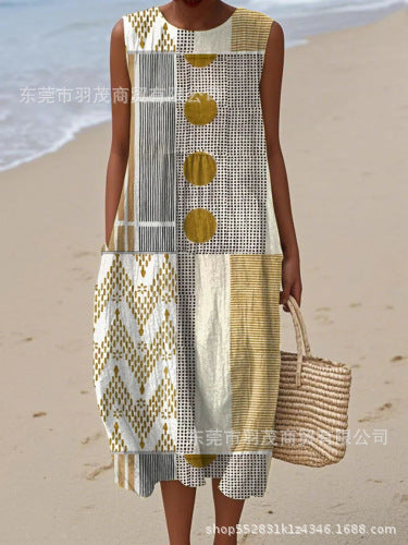 2025 European and American spring and summer new sleeveless casual printed temperament long skirt dress slim small fresh casual skirt