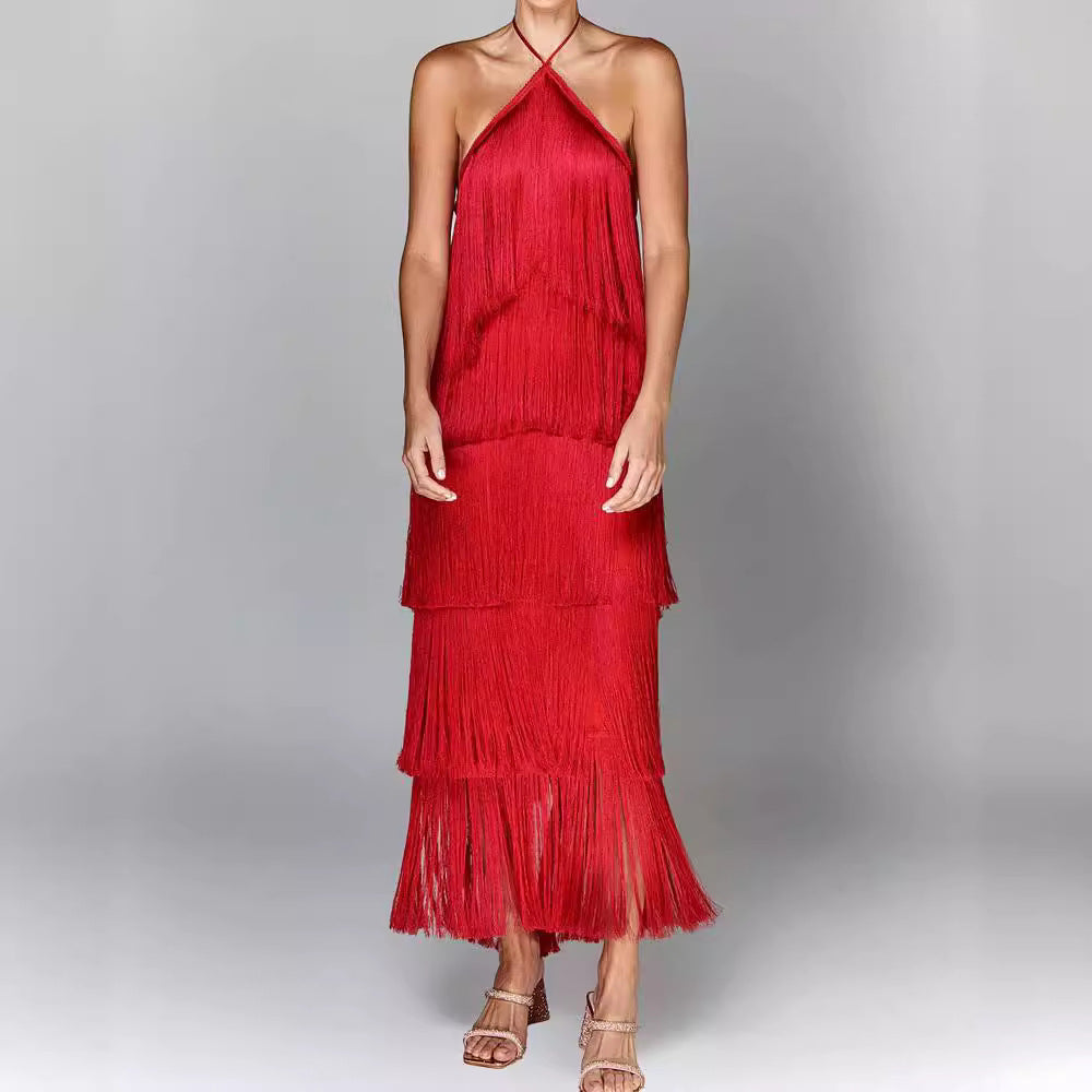 2025 European and American cross-border fashion halter neck tassel backless slit dress