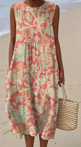 2025 European and American spring and summer new sleeveless casual printed temperament long dress slim small fresh casual dress