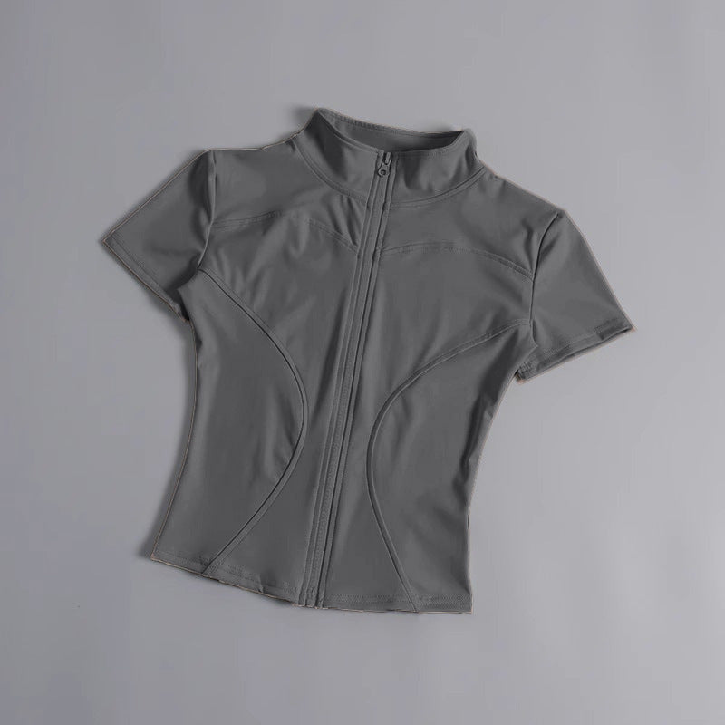 High elastic yoga short-sleeved jacket stand collar zipper tight running sports jacket quick-drying nude fitness short-sleeved women summer