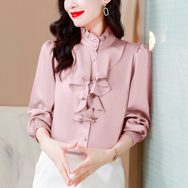 Green 1803 intellectual and generous temperament imitation silk shirt female long sleeve solid color lace collar palace style mulberry silk shirt