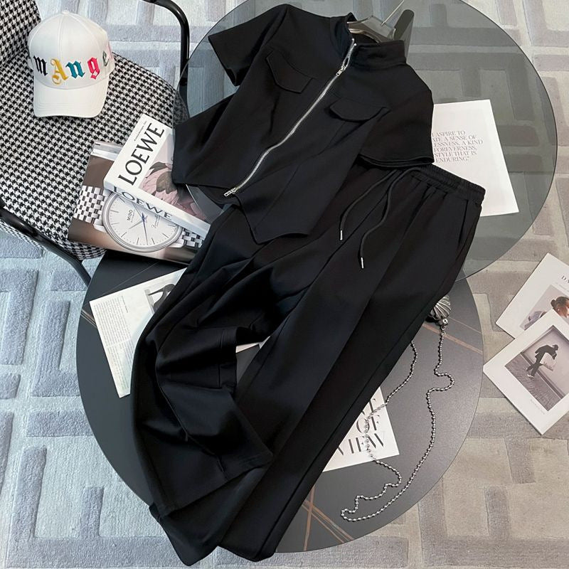 Xiao Xiang style summer fashion fat mm women's clothing covering flesh zipper thin short-sleeved wide-leg pants casual sports suit