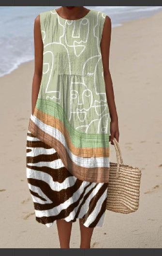 2025 European and American spring and summer new sleeveless casual printed temperament long skirt dress slim small fresh casual skirt