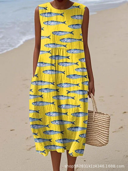 2025 European and American spring and summer new sleeveless casual printed temperament long dress slim small fresh casual dress