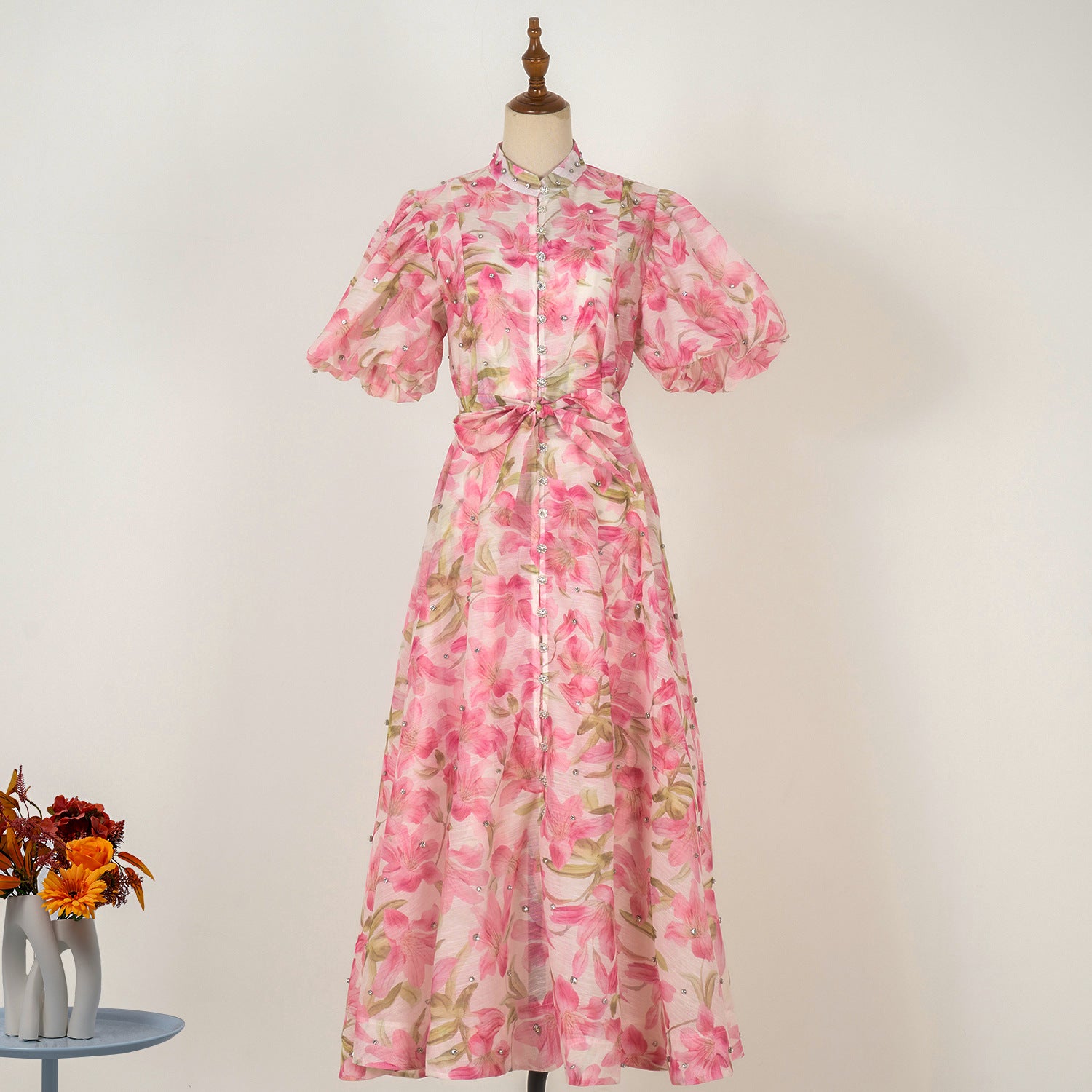 European and American cross-border summer palace style high-end design heavy-duty rhinestone short-sleeved single-breasted dress with suspenders