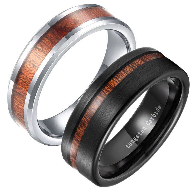 Manufacturers spot wholesale fashion inlaid wood veneer width 6/8mm unisex couple wood grain tungsten steel ring foreign trade