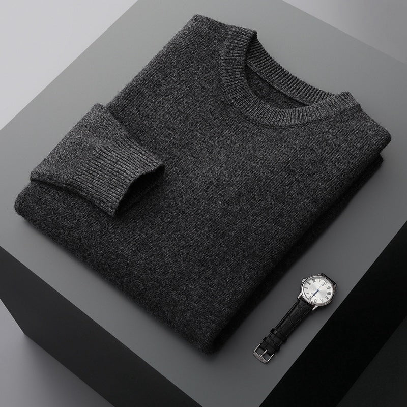 Autumn and winter round neck wool sweater men's 100% pure wool thick pullover sweater loose casual solid color knitted bottoming shirt