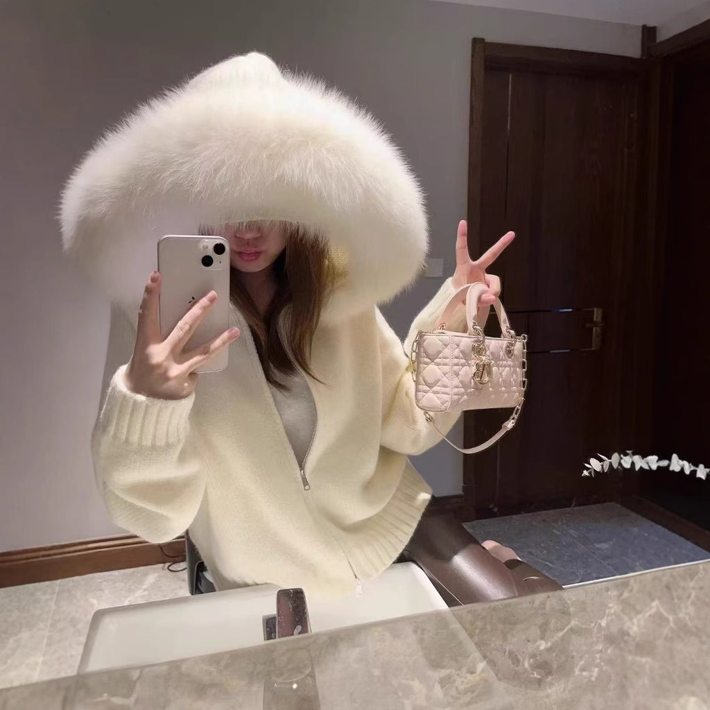 Cross-border Korean retro autumn and winter knitted cardigan women's loose casual versatile long-sleeved fur collar hooded sweater jacket women