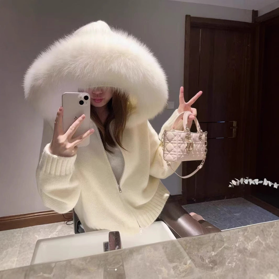 Cross-border Korean retro autumn and winter knitted cardigan women's loose casual versatile long-sleeved fur collar hooded sweater jacket women