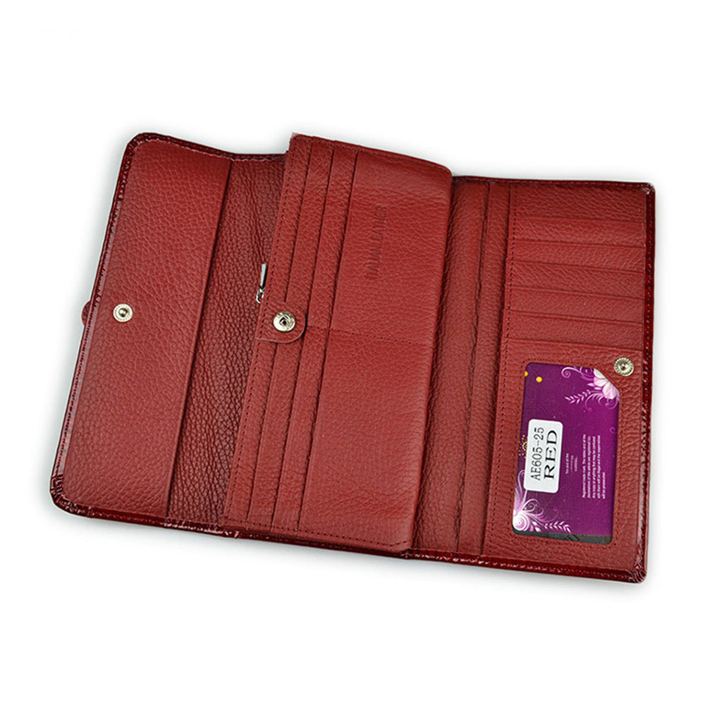 Women's genuine leather wallet snap button patent leather crocodile pattern multi-card slot wallet mobile phone bag clutch coin purse European and American