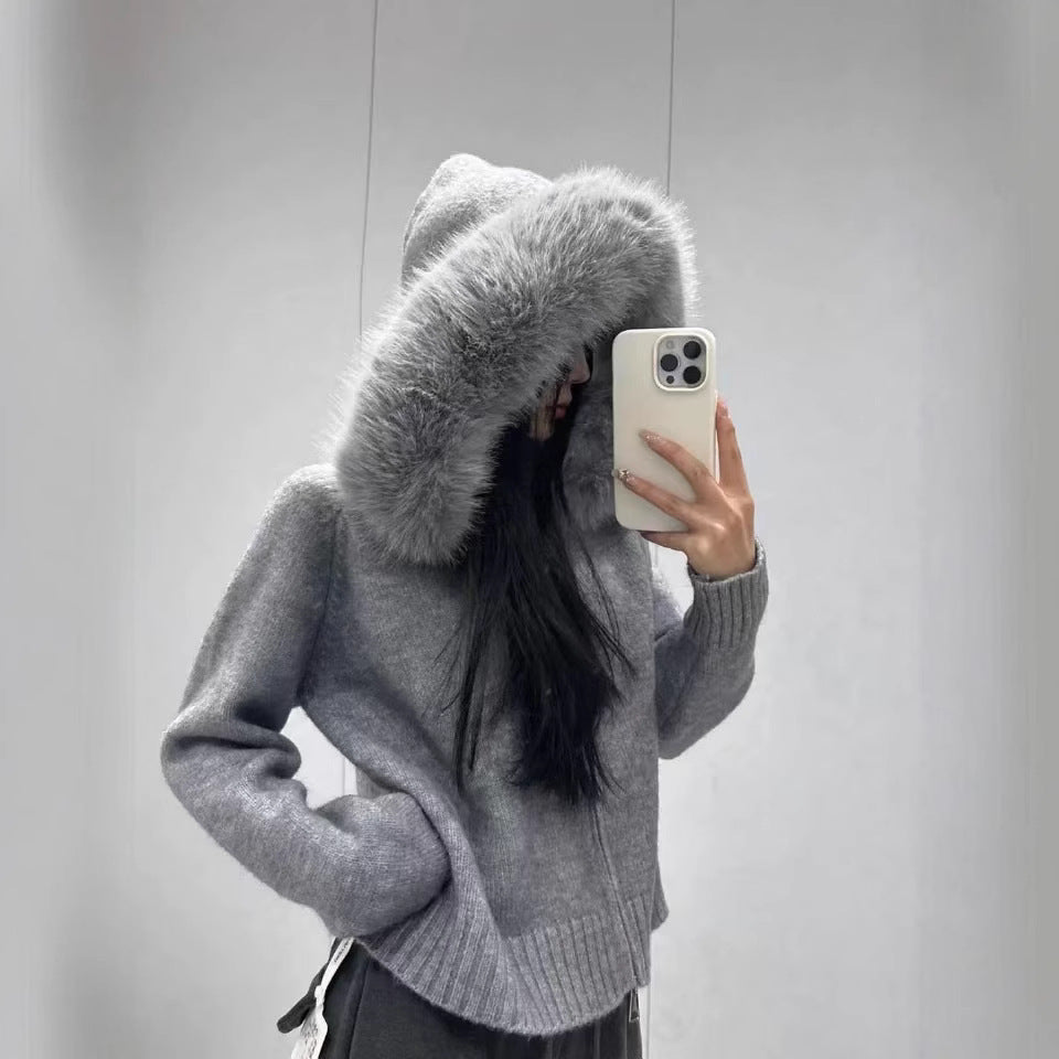 Cross-border Korean retro autumn and winter knitted cardigan women's loose casual versatile long-sleeved fur collar hooded sweater jacket women