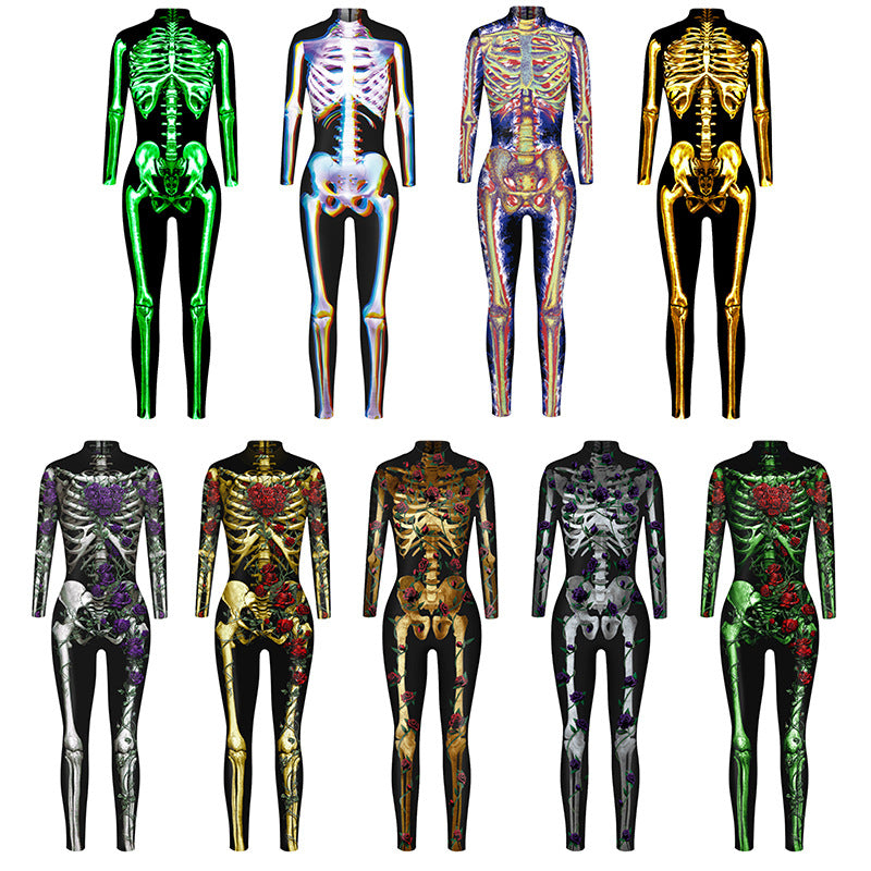 New Halloween skeleton digital printing long-sleeved bodysuit slim fit slim cosplay costume