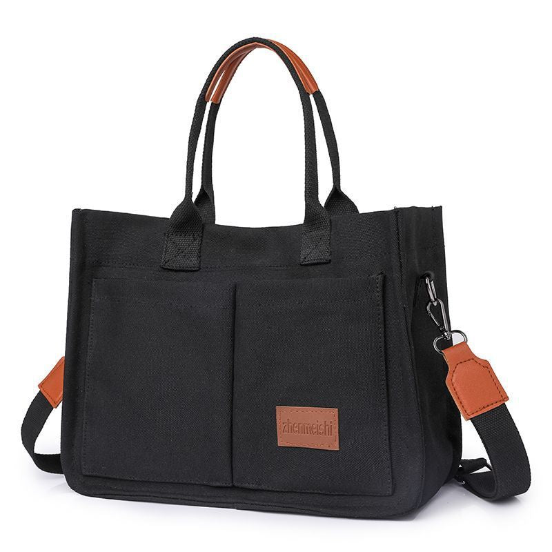 Cross-border canvas bag women's large capacity multi-pocket ladies bag trendy crossbody bag wide shoulder strap handheld tote bag