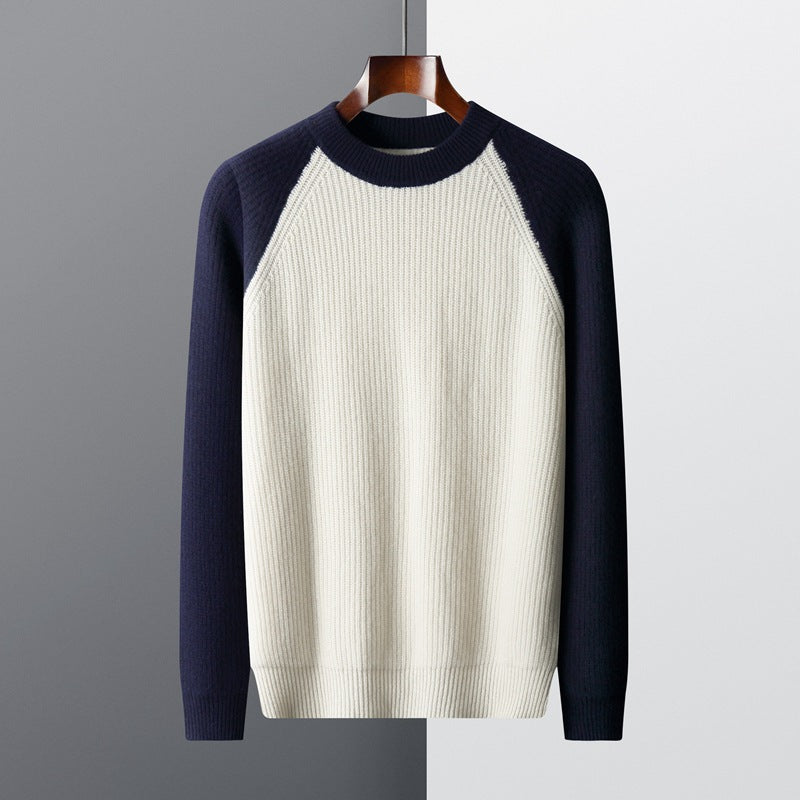 Autumn and winter new wool sweater men's color matching round neck Yuanbao needle thickened youth fashion casual knitted wool bottom