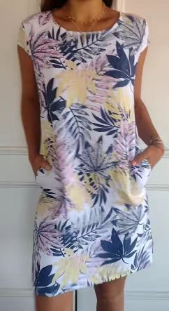 Spot cross-border independent station AliExpress women's round neck loose short-sleeved printed dress women's pocket skirt explosion