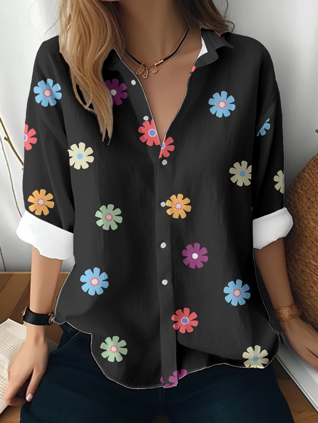 Cat cross-border European and American women's 3D printed floral pattern long-sleeved shirt women's fashion tops