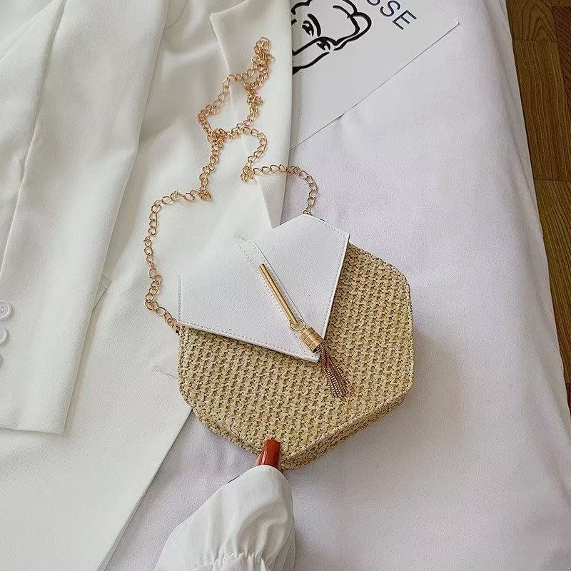 Beach bag women 2025 new fashion straw bag woven women's bag Korean style chain shoulder crossbody tassel small bag