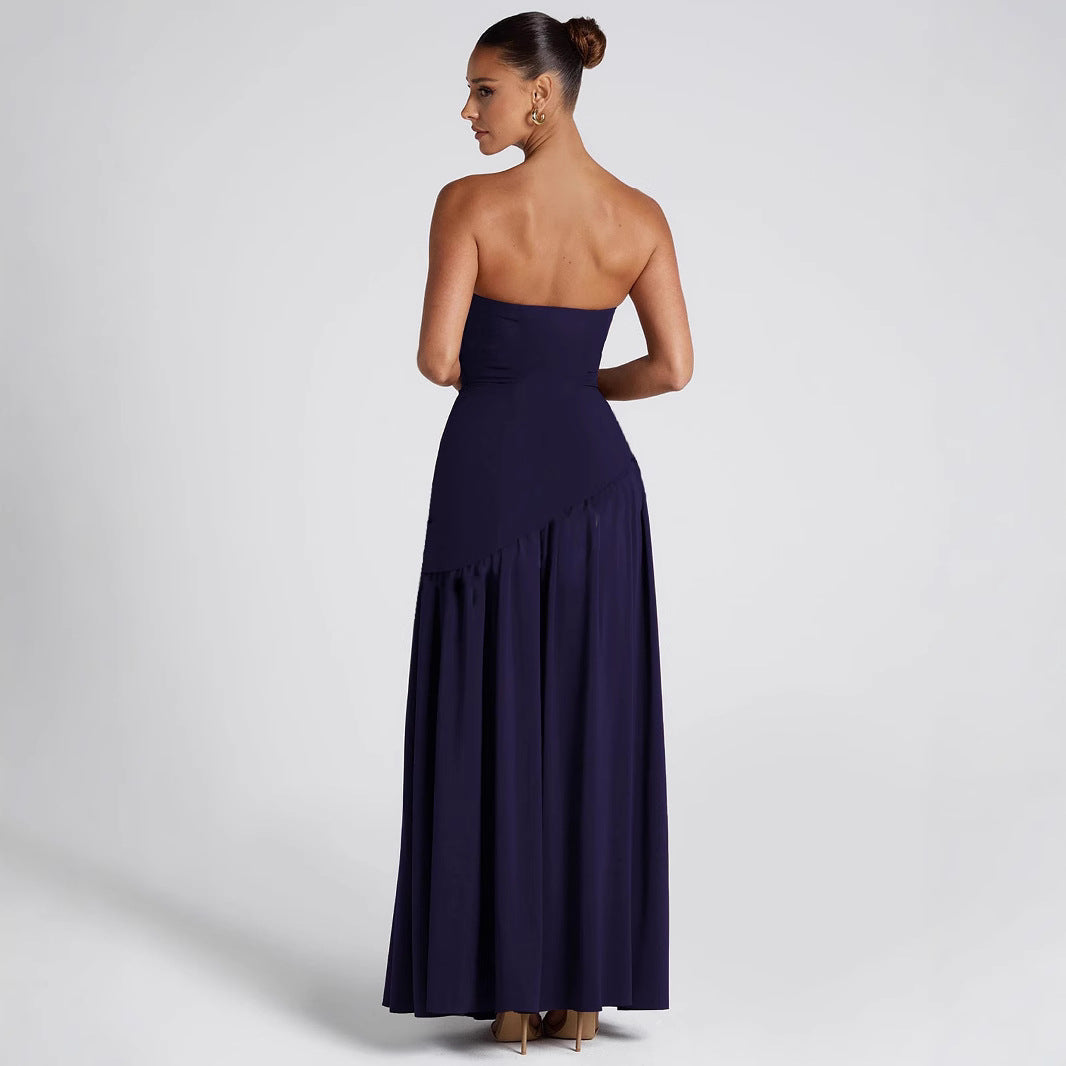 2025 new cross-border European and American sexy oblique stitching tube top dress dress women's long skirt pleated tube top