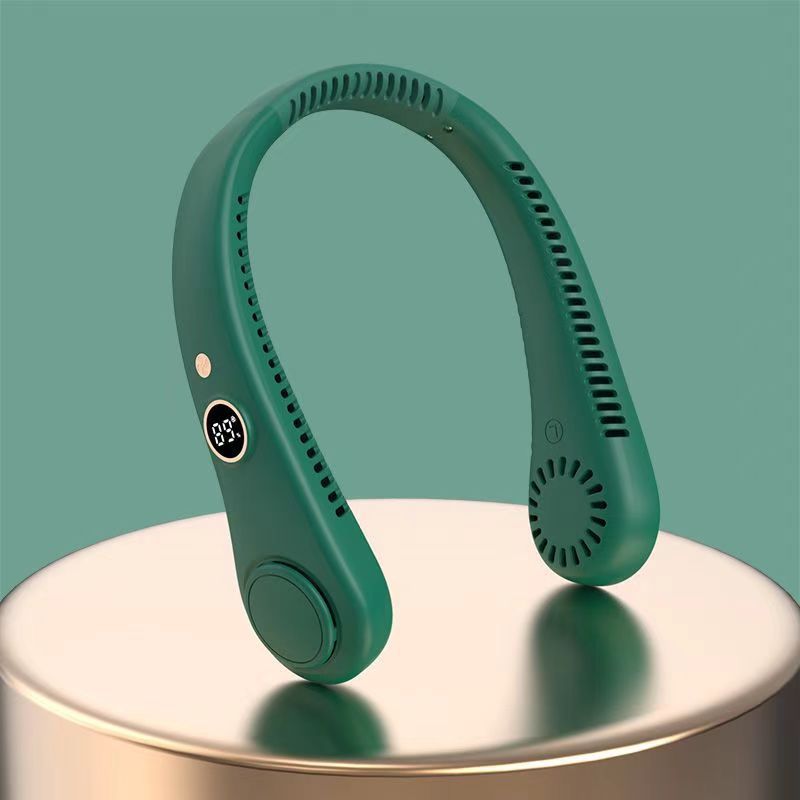 Cross-border new leafless neck hanging fan USB charging portable lazy number display sports folding mini electric fan