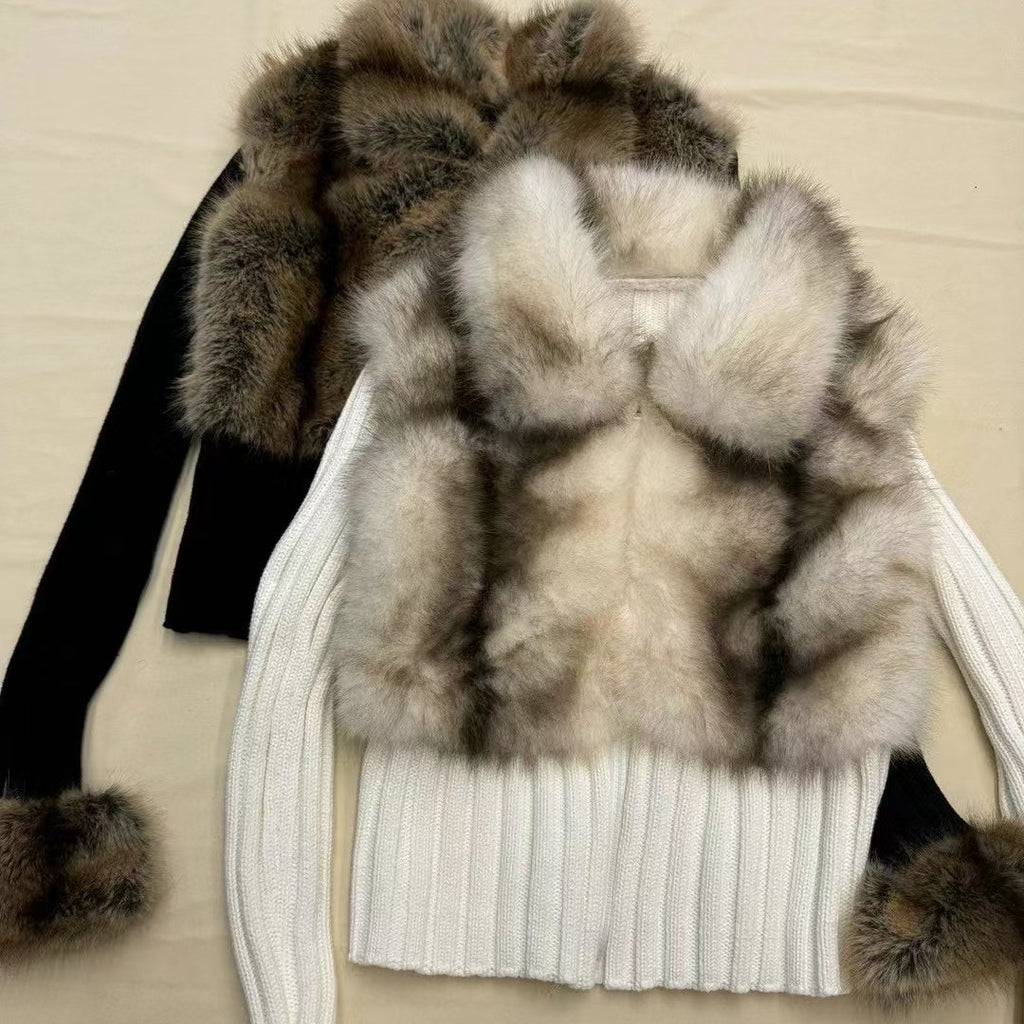 iamgi@Environmentally friendly fur patchwork coat female fake two-piece hot girl lapel zipper warm knit sweater cardigan