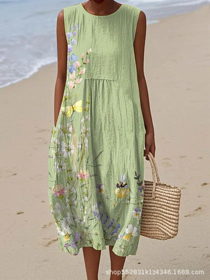 2025 European and American spring and summer new sleeveless casual printed temperament long dress slim small fresh casual dress